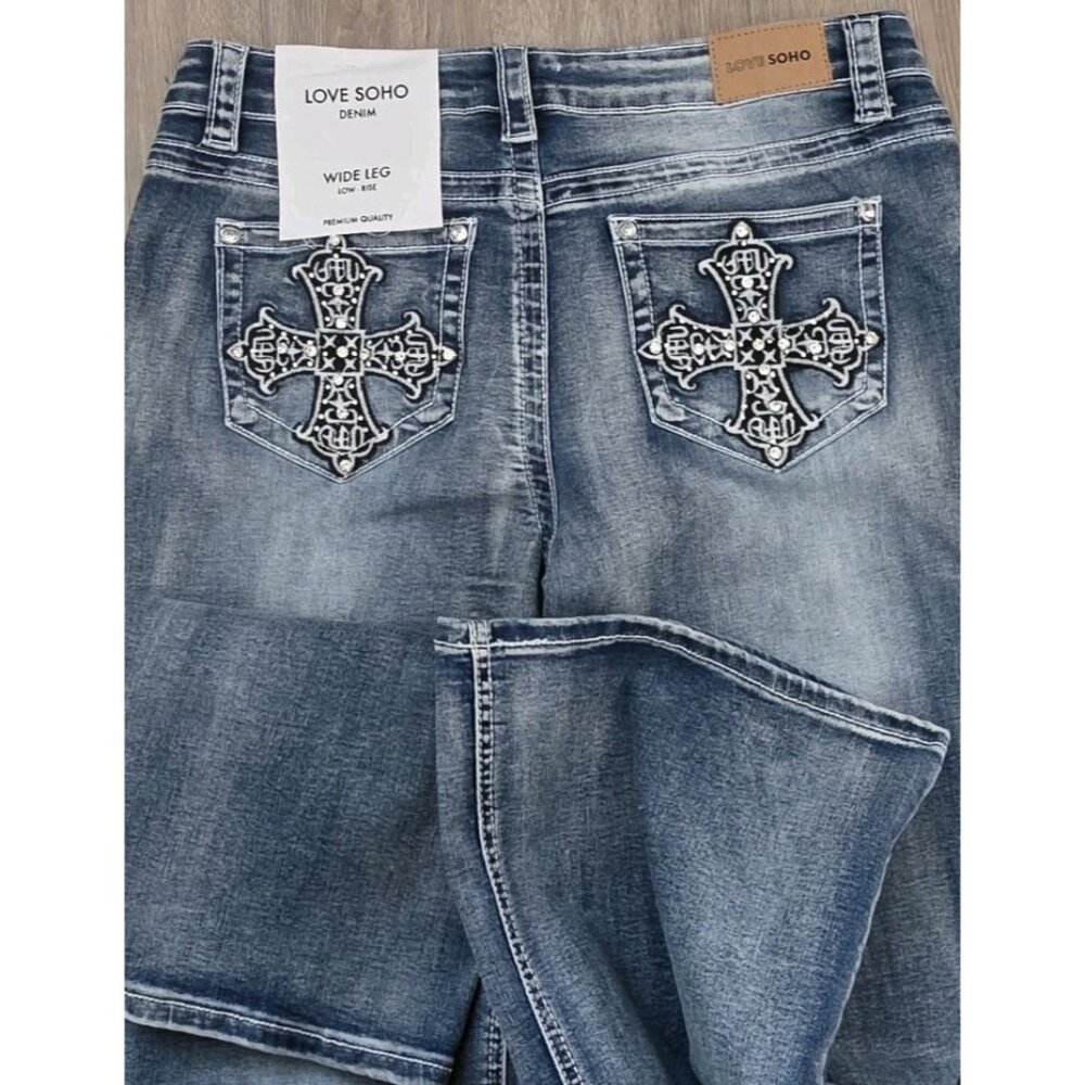 Love Soho Denim Women’s Jeans Size 15 Wide Leg Low Rise Embroidered - Picture 4 of 14